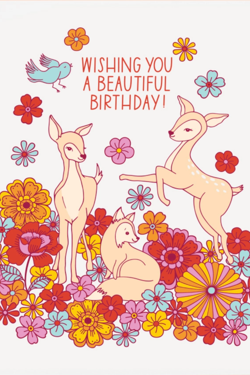 A colorful forest scene of flowers birds and deer with a "Wishing you a beautiful birthday!" message. ©Sprout Home