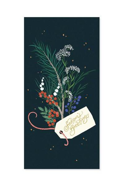 The front of the winter foliage card with the green bouquet and note on black.