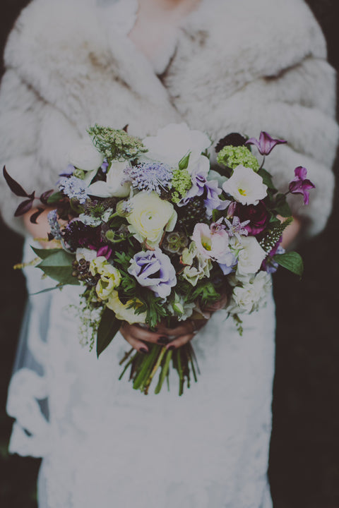 Sprout-home moody purple winter bouquet for Kozlow. Photographed by Chelsie Michael Photography