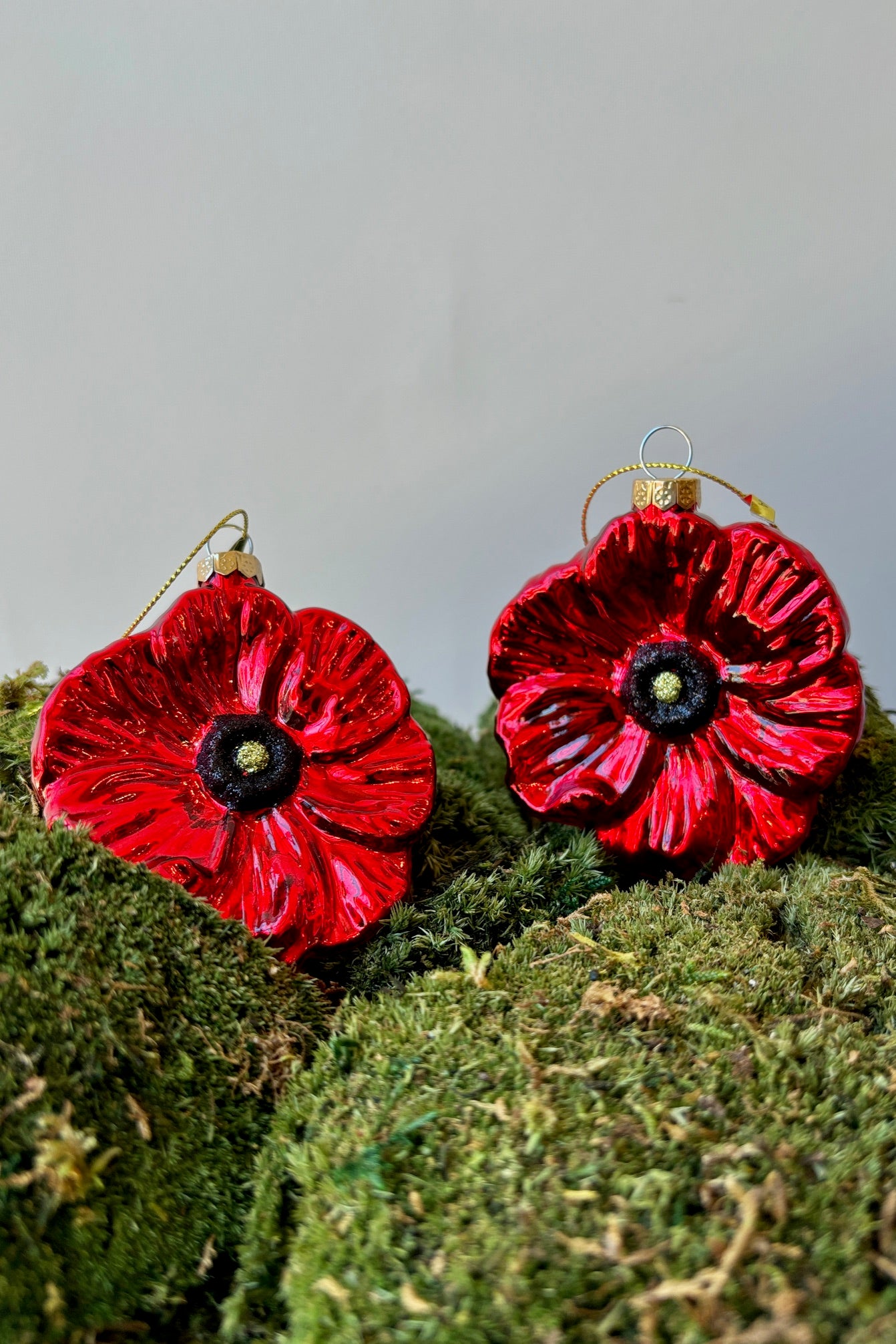 Glossy, bright red poppy ornaments with a black and yellow center displayed on a mound of moss against a white wall.
