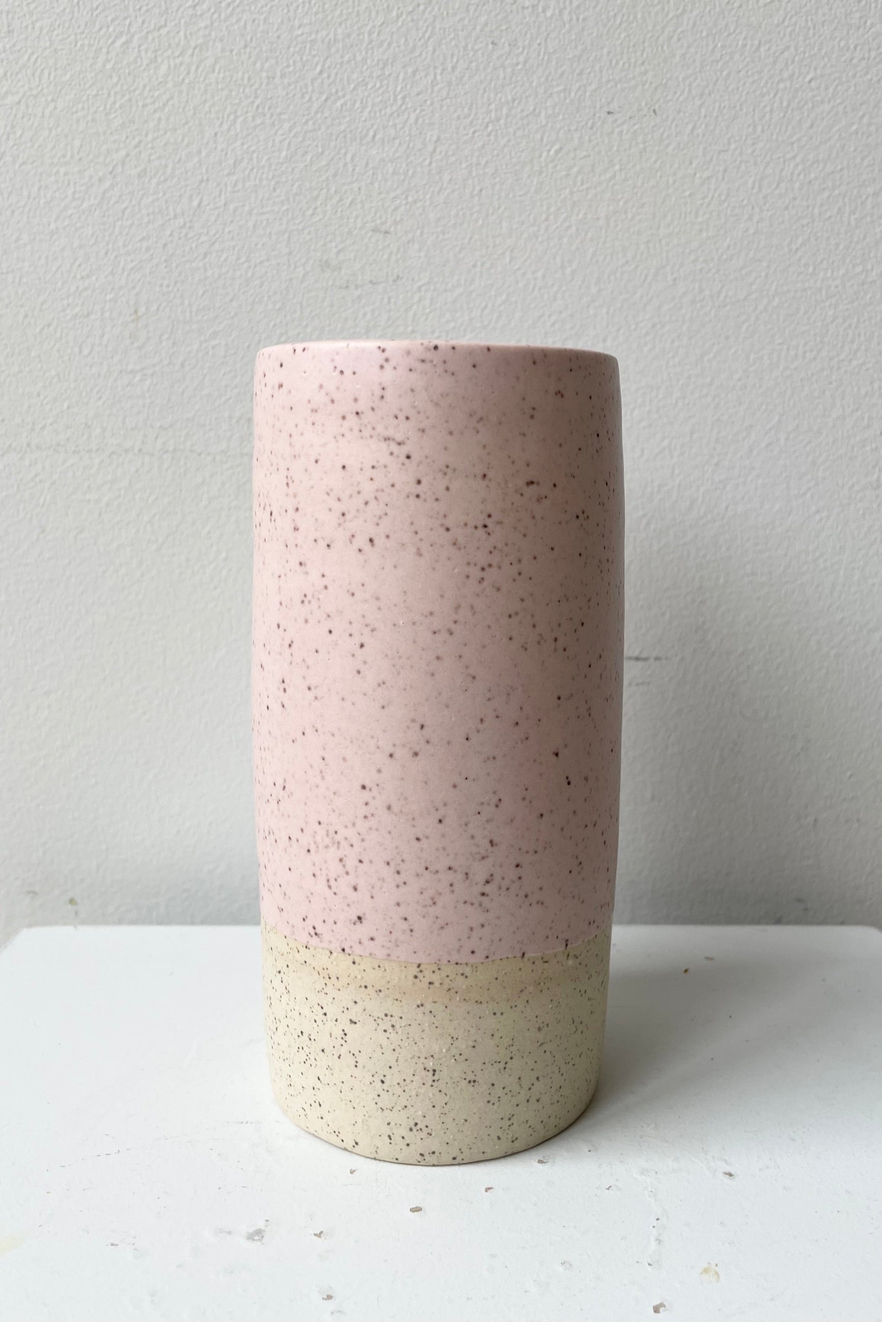 Small Jacqueline vase in Pink Speckle against a white wall.