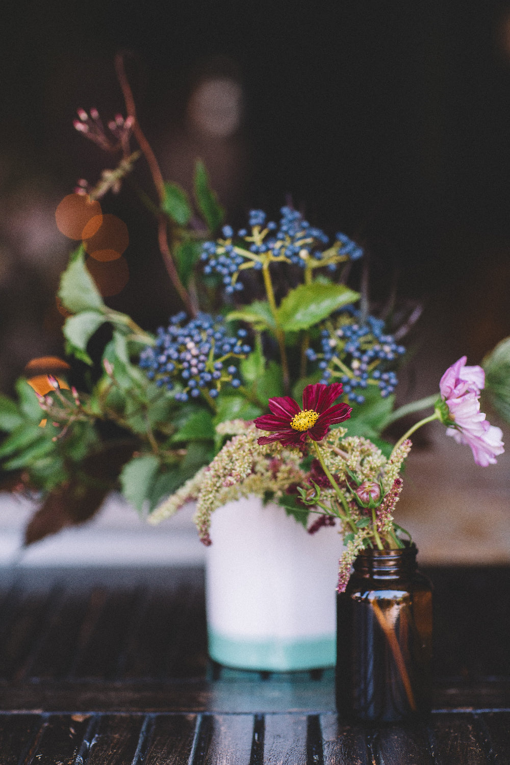 Bassos wedding. Floral by Sprout-home. berried vibernum and cosmos. Photo by Stephanie Bassos