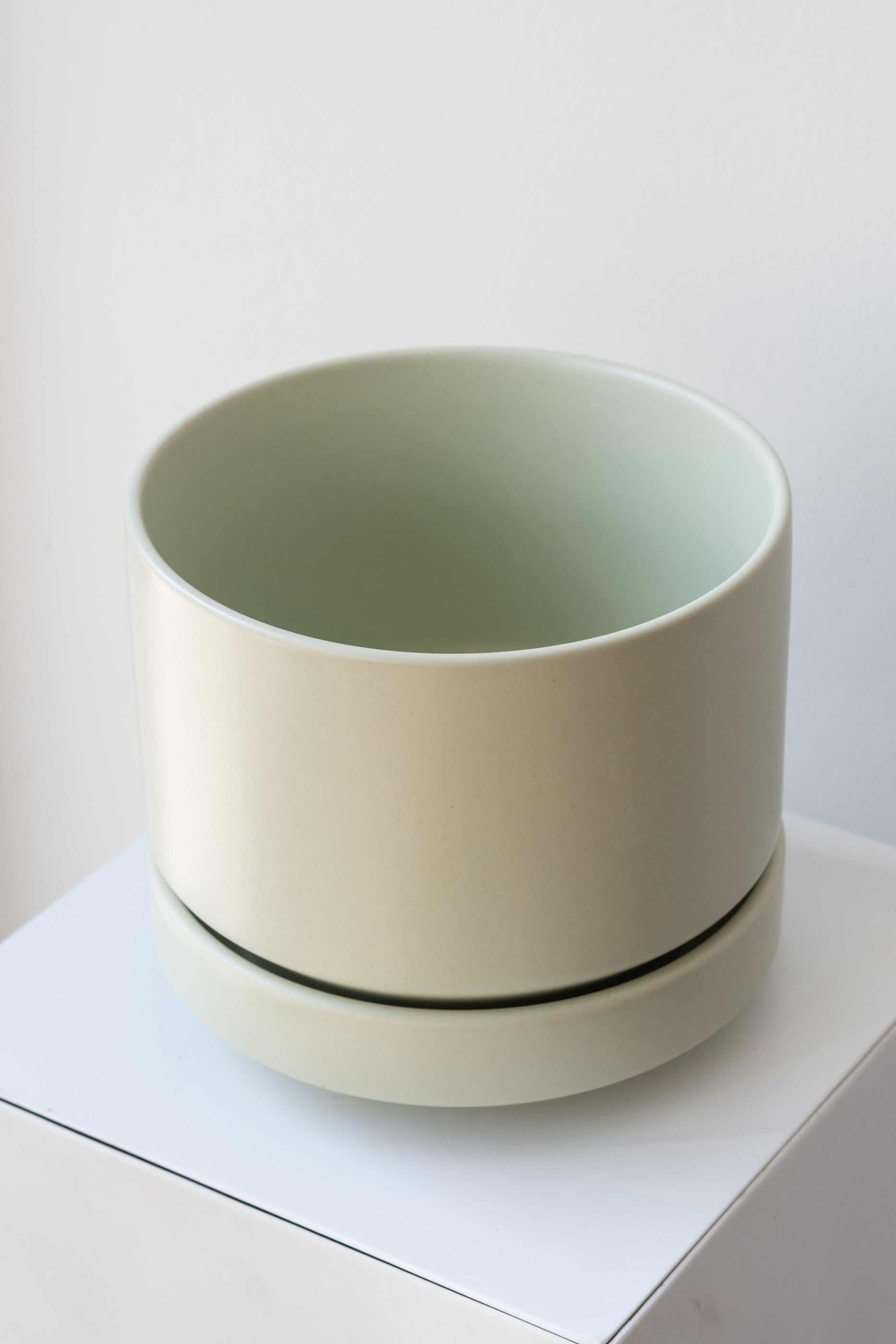 LBE Designs Round Pot & Saucer mint on a white pedestal in a white room