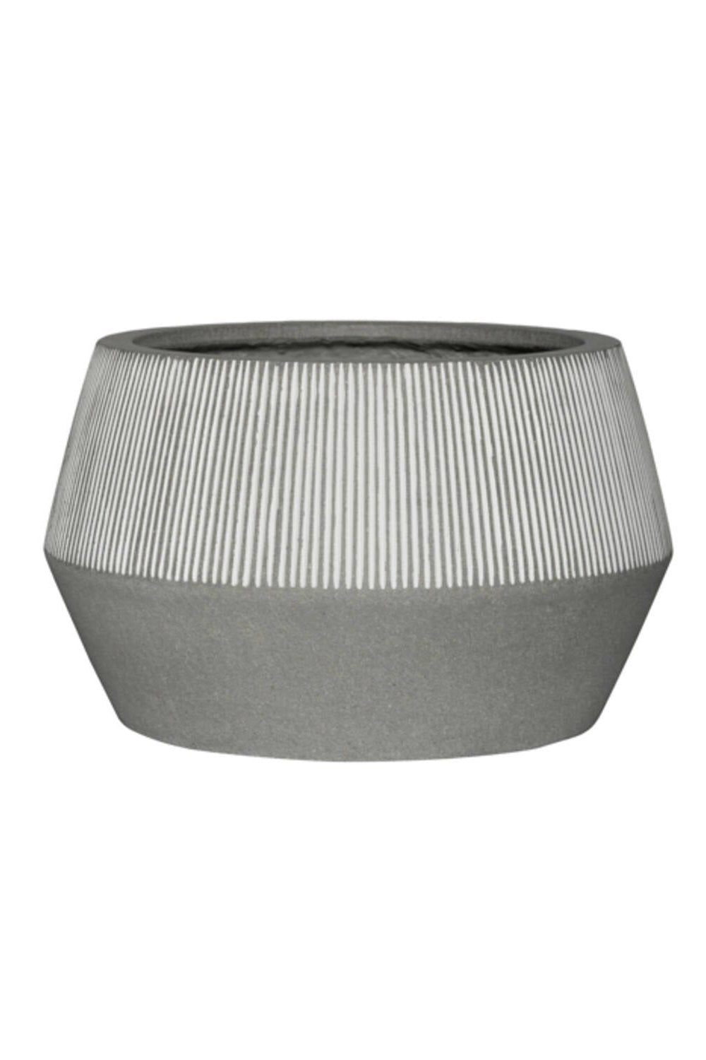 Harley Low Pot white stripe by Pottery Pots against a white backdrop. 