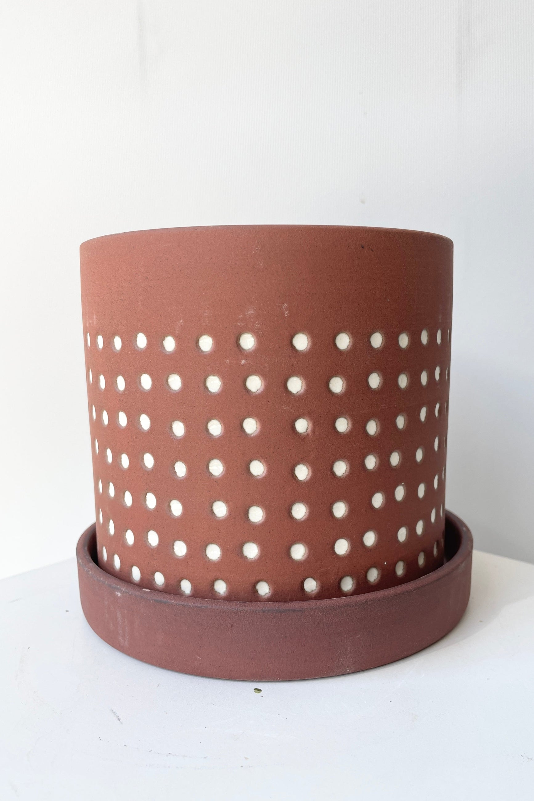 The small Salamanca pot and saucer shown at eye level to show the brown with white dots design ©Sprout Home