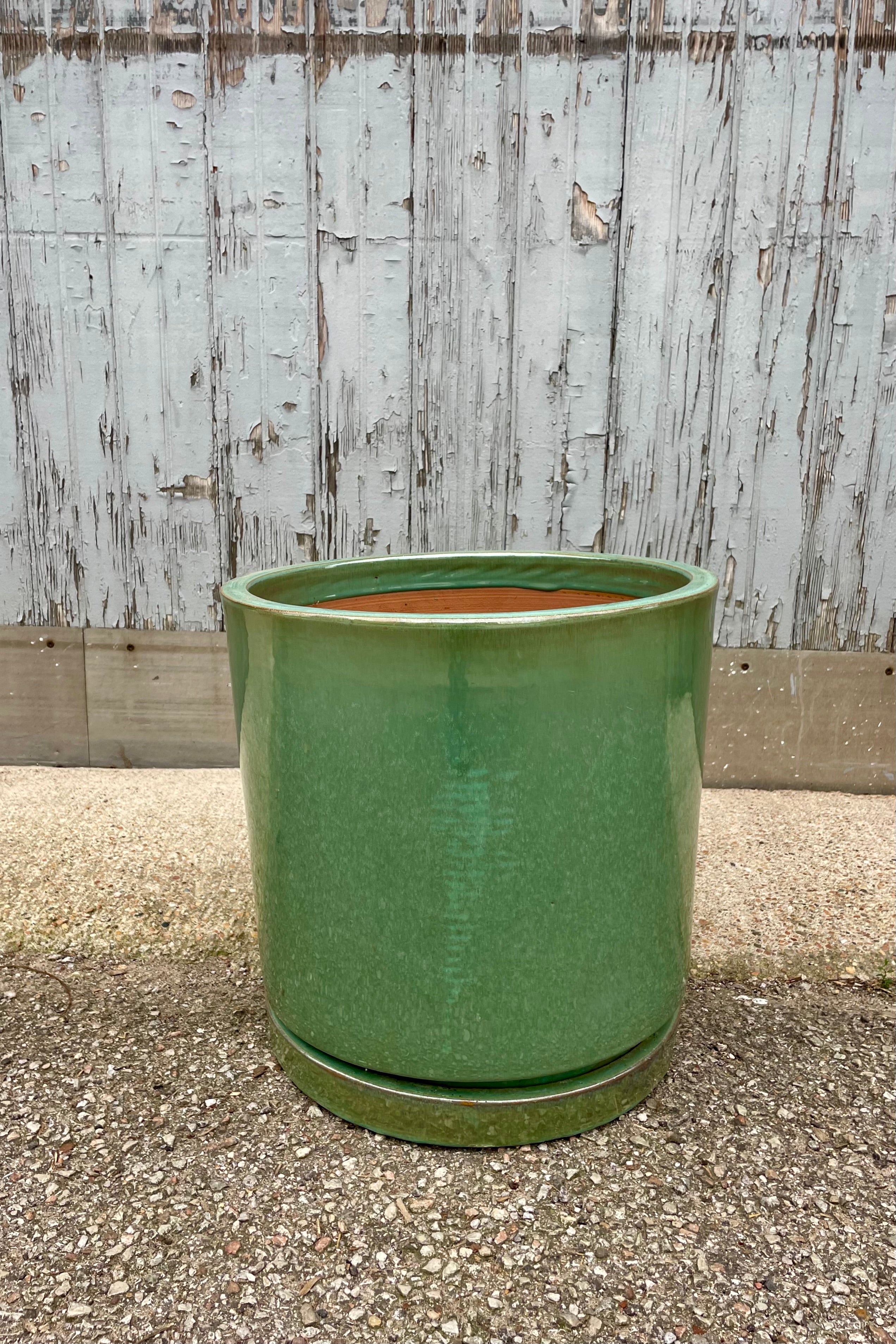 The Sea Green I/O Planter Large looking from the side at Sprout-home. The cylindrical planter sits atop a fitted saucer and is shown against a gray wall on a cement floor. The glaze is semi gloss.