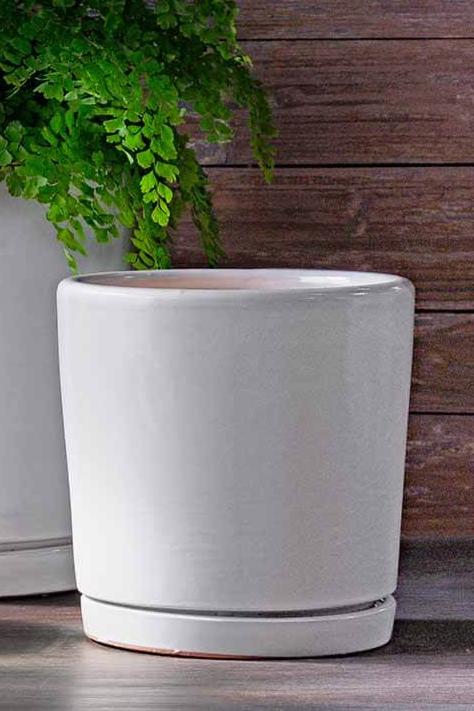 Medium sized I/O 2 cylinder pot in cloud white finish, empty and against a slatted wood wall.