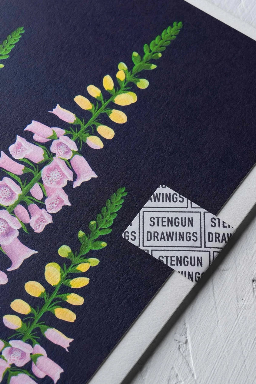 Foxglove greeting card by Stengun Drawings upper right corner showing detail I the purple flowers and light yellow buds.