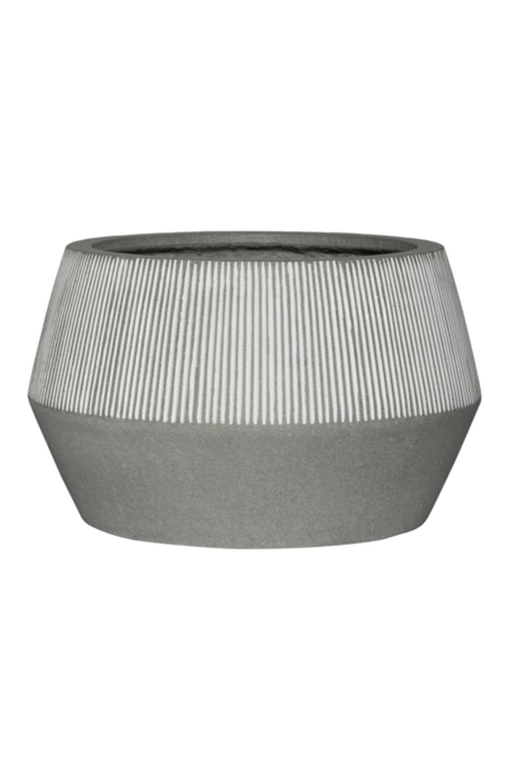 Pottery Pots Harley Low pot white stripes against a whit wall