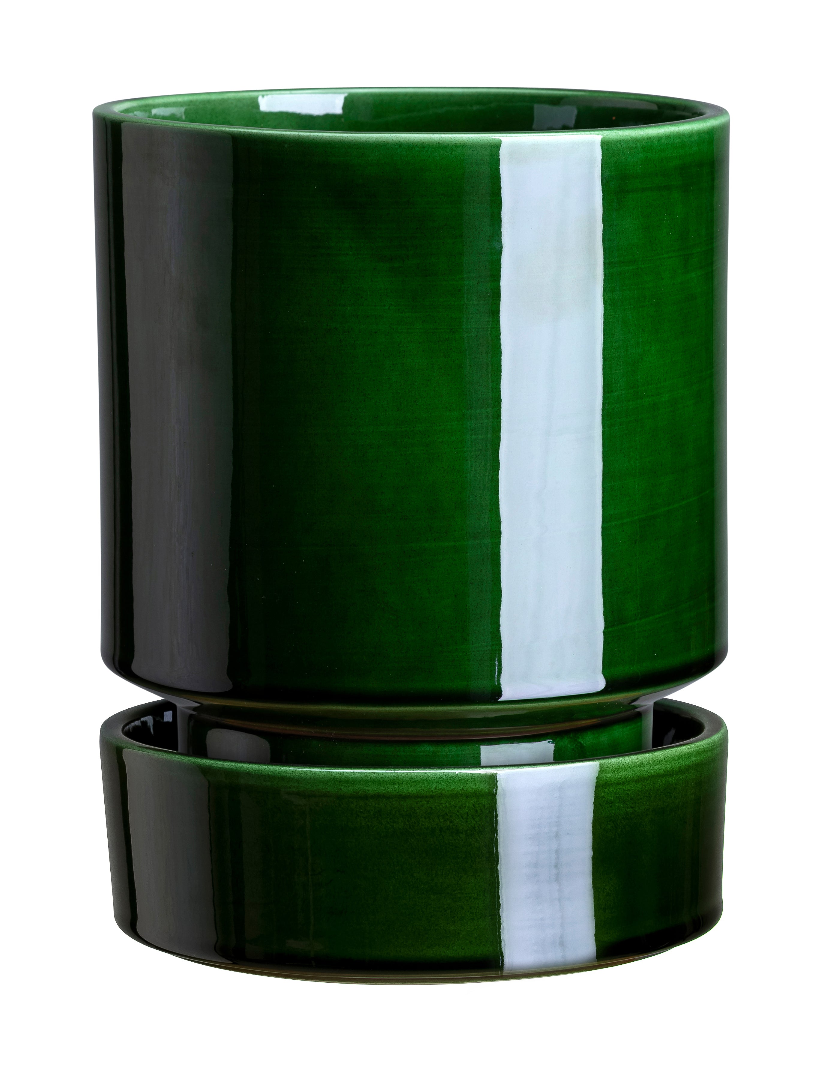 A green glazed ceramic pot with a white stripe, designed by Danish artist Anne Hoff, with a matching glazed saucer. ©Bergs Potter