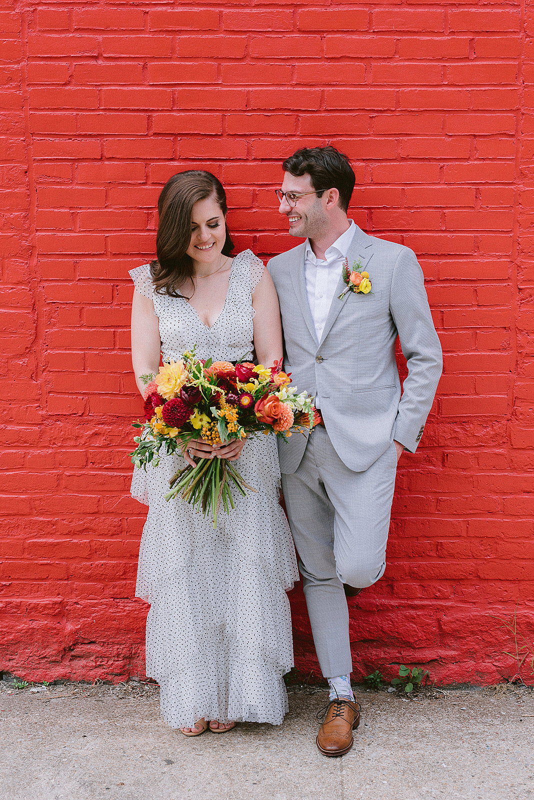 Sprout-home wedding bouquet and boutonniere in warm tones for Cait & Will.  Photograph by Hannah Jan Photo.