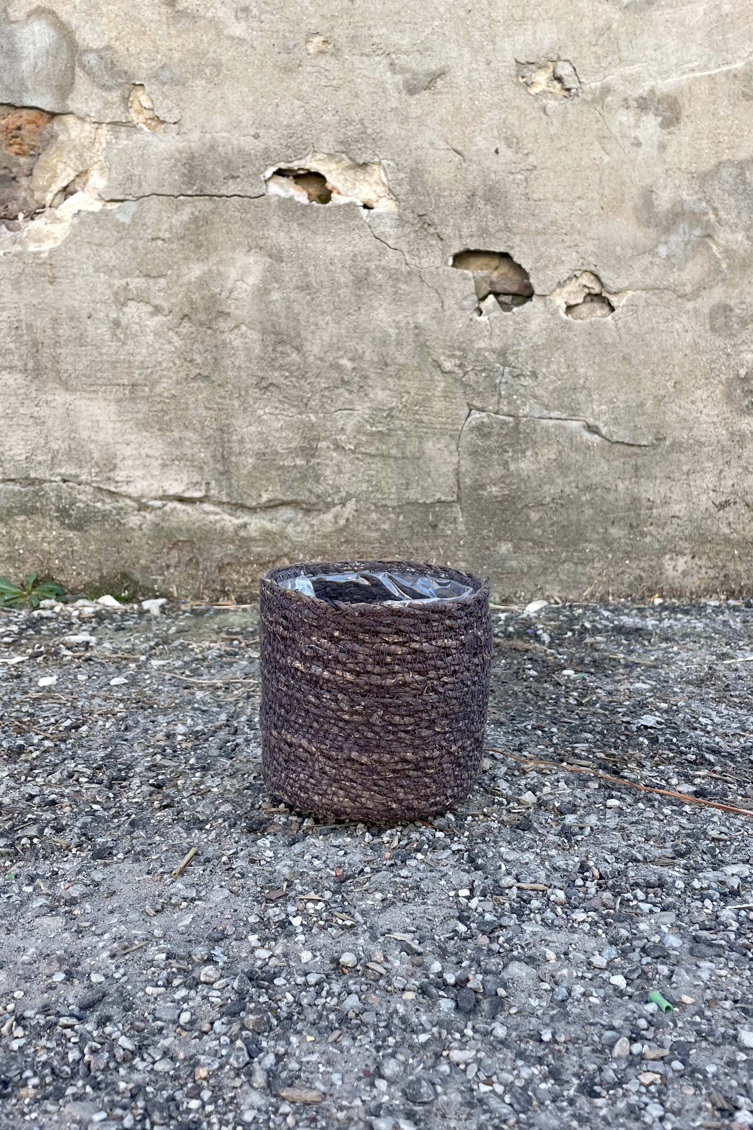 Photo of black seagrass basket with liner against a cement wall.