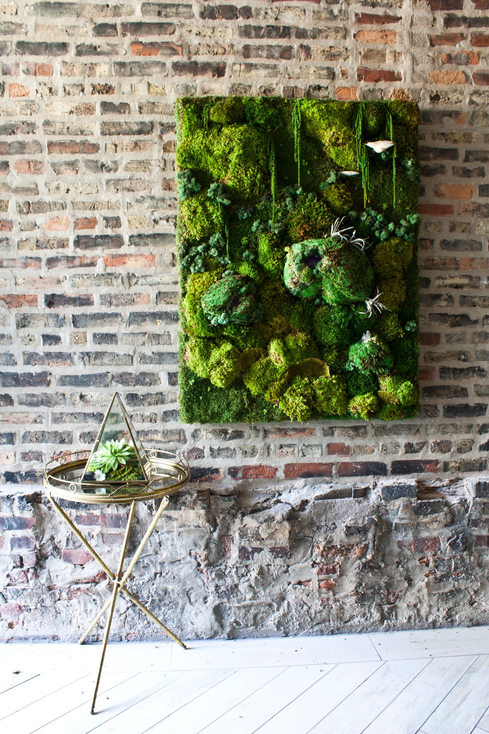 Faux Planted wall piece with preserved moss on a brick wall by Sprout-home