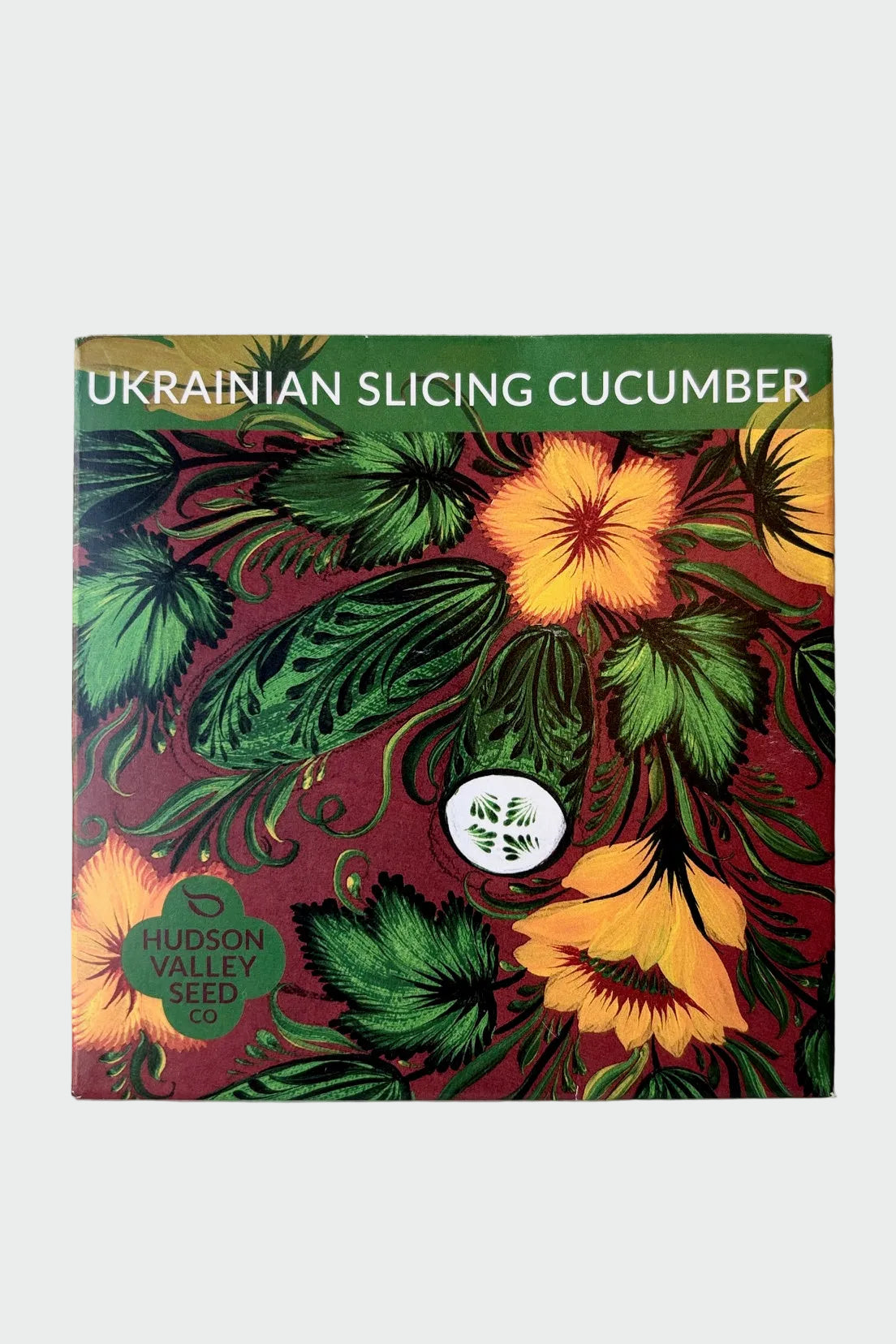 Seed pack of Ukrainian Slicing Cucumbers against a white background