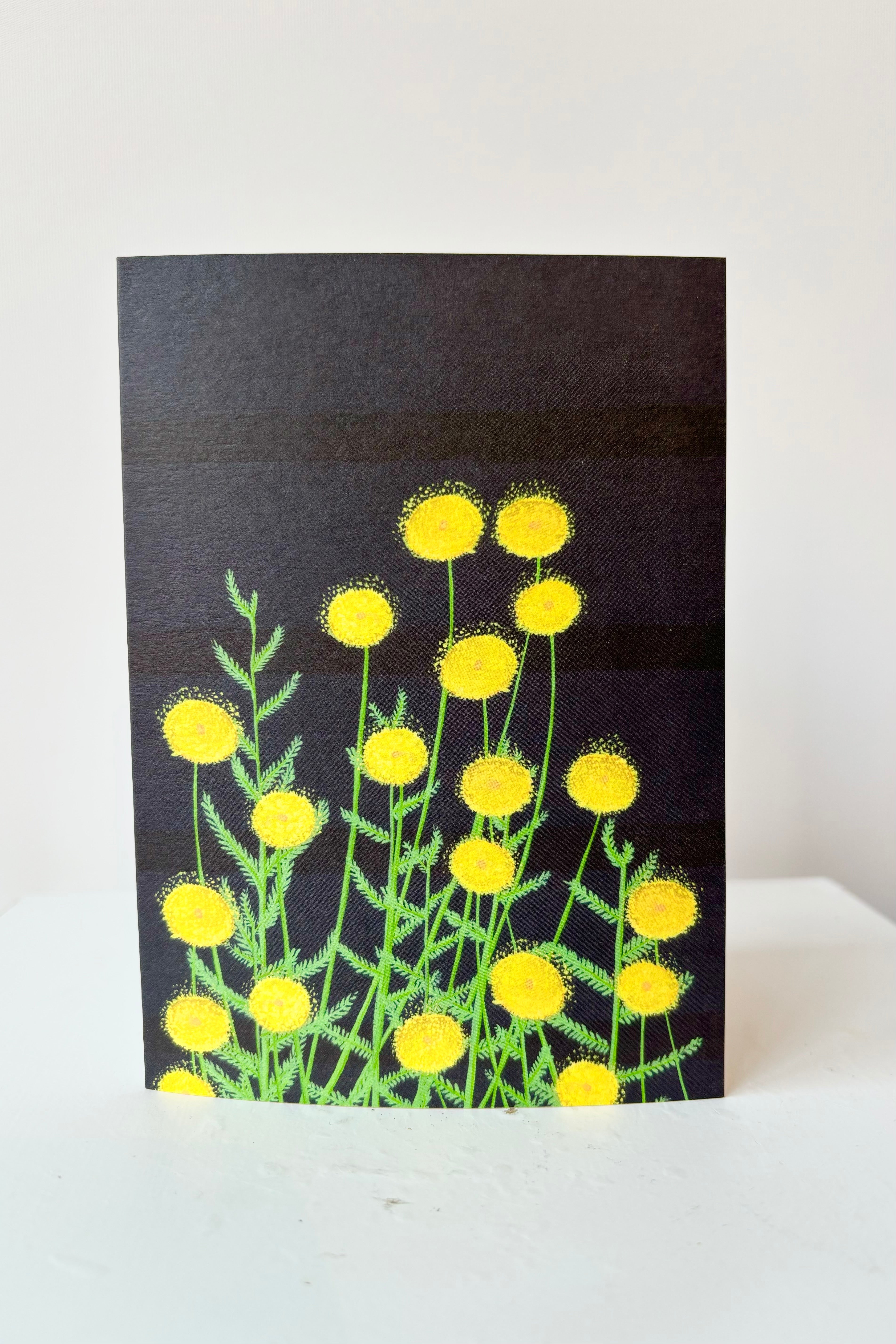 Dungeness card with yellow flowers against black background