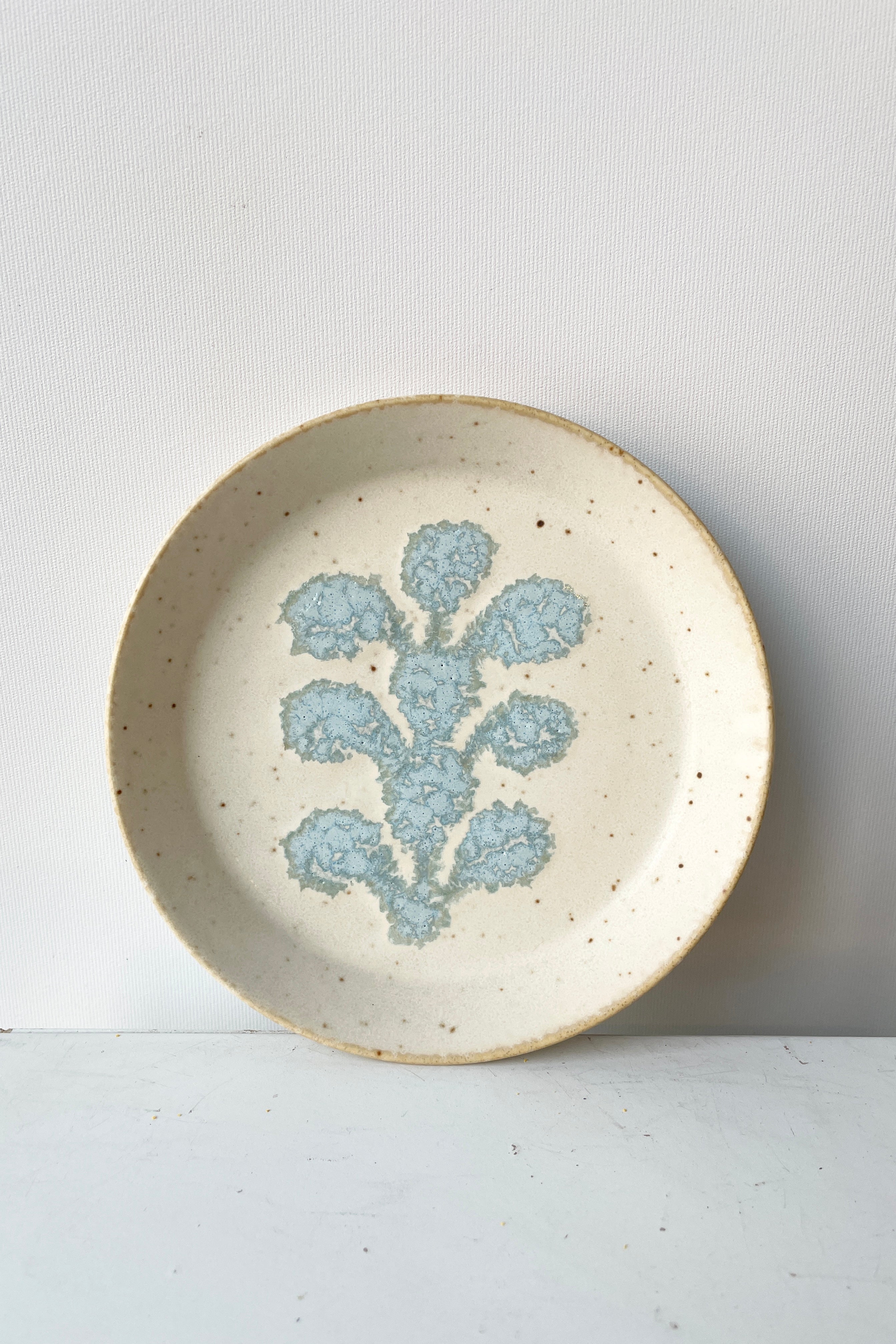 The ivory blue crest plate at Sprout-home against a white wall seeing the pattern on the plate. ©Sprout Home