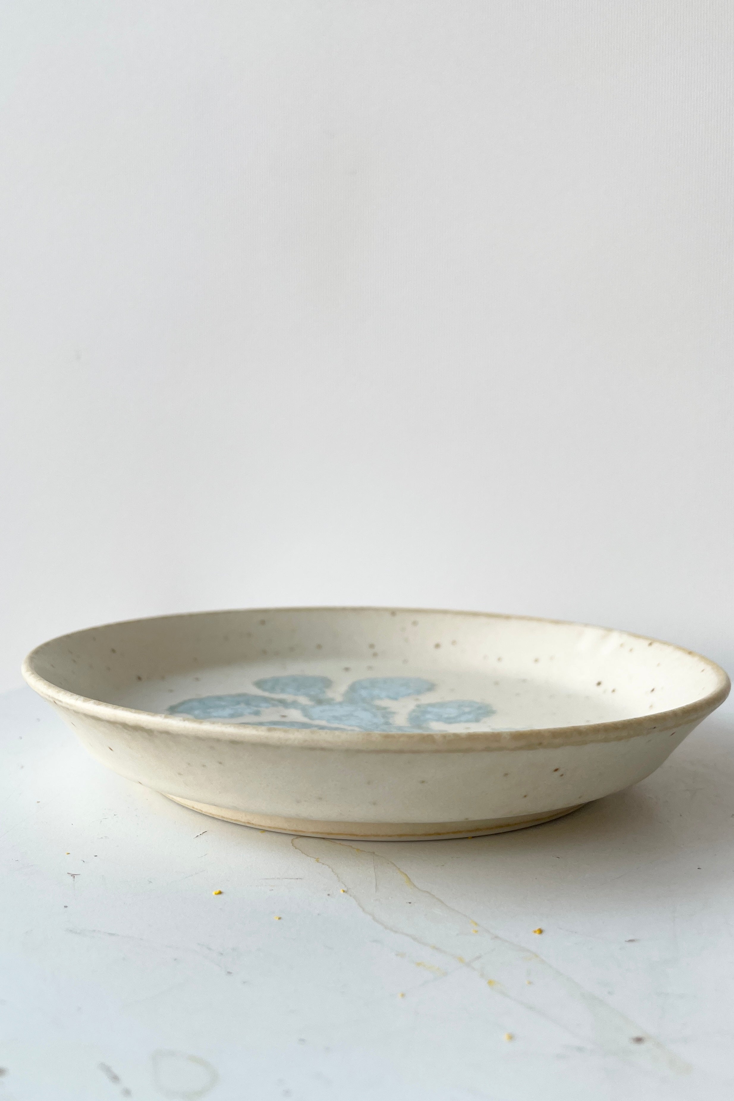 The Ivory Blue Crest Plate being shown sitting from the side. ©Sprout Home