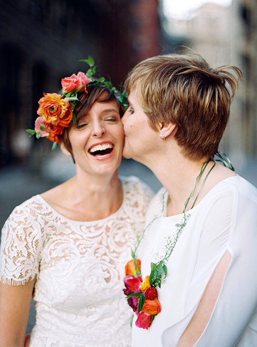 Floral necklace and crown in warm tones for Jen & Nancy by Sprout-home. Photographed by www.karenwise.com