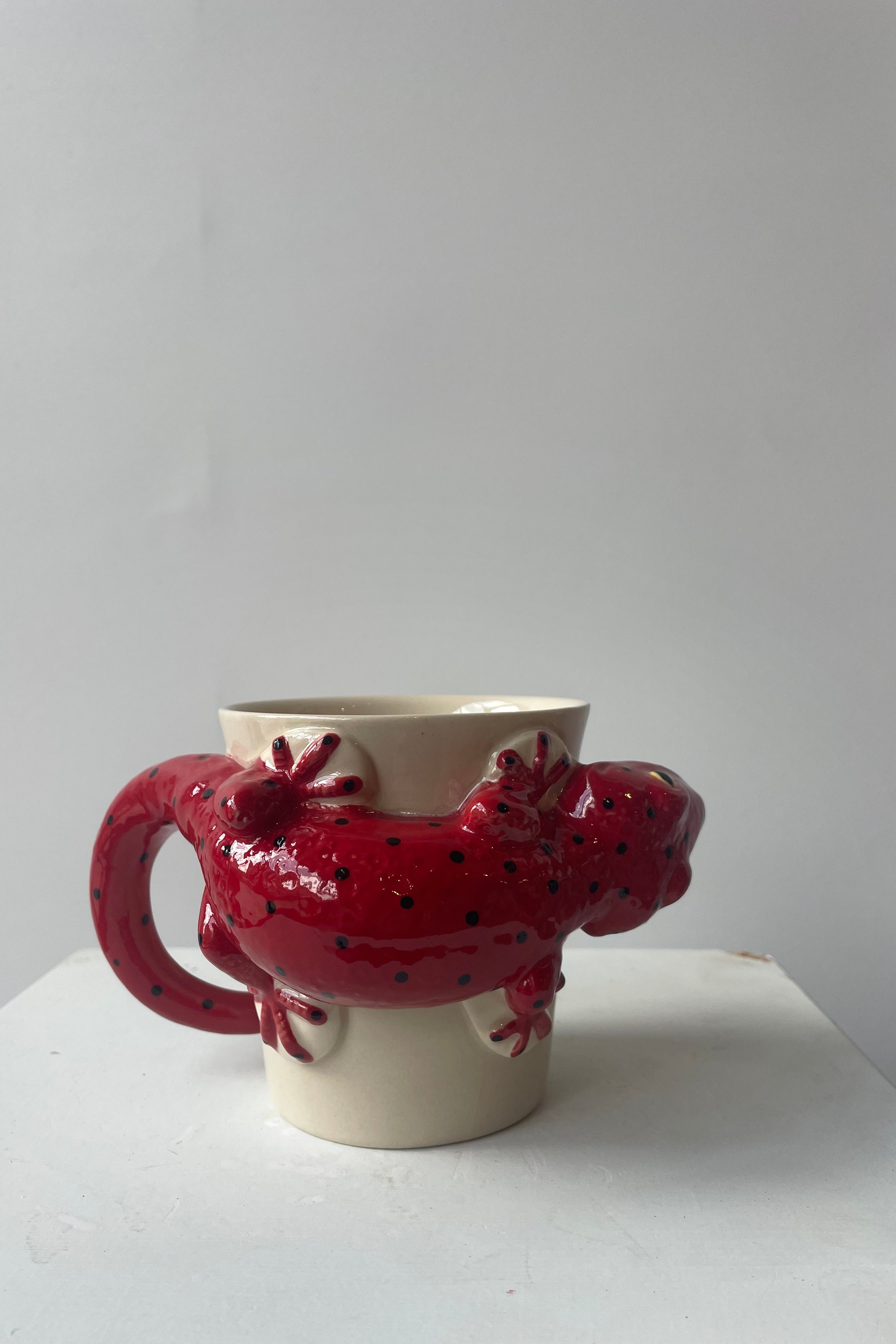 Photo of a white mug on a white table in a white room. A red salamander shapes the body and handle of the mug. The mug sits upright at Sprout-home.