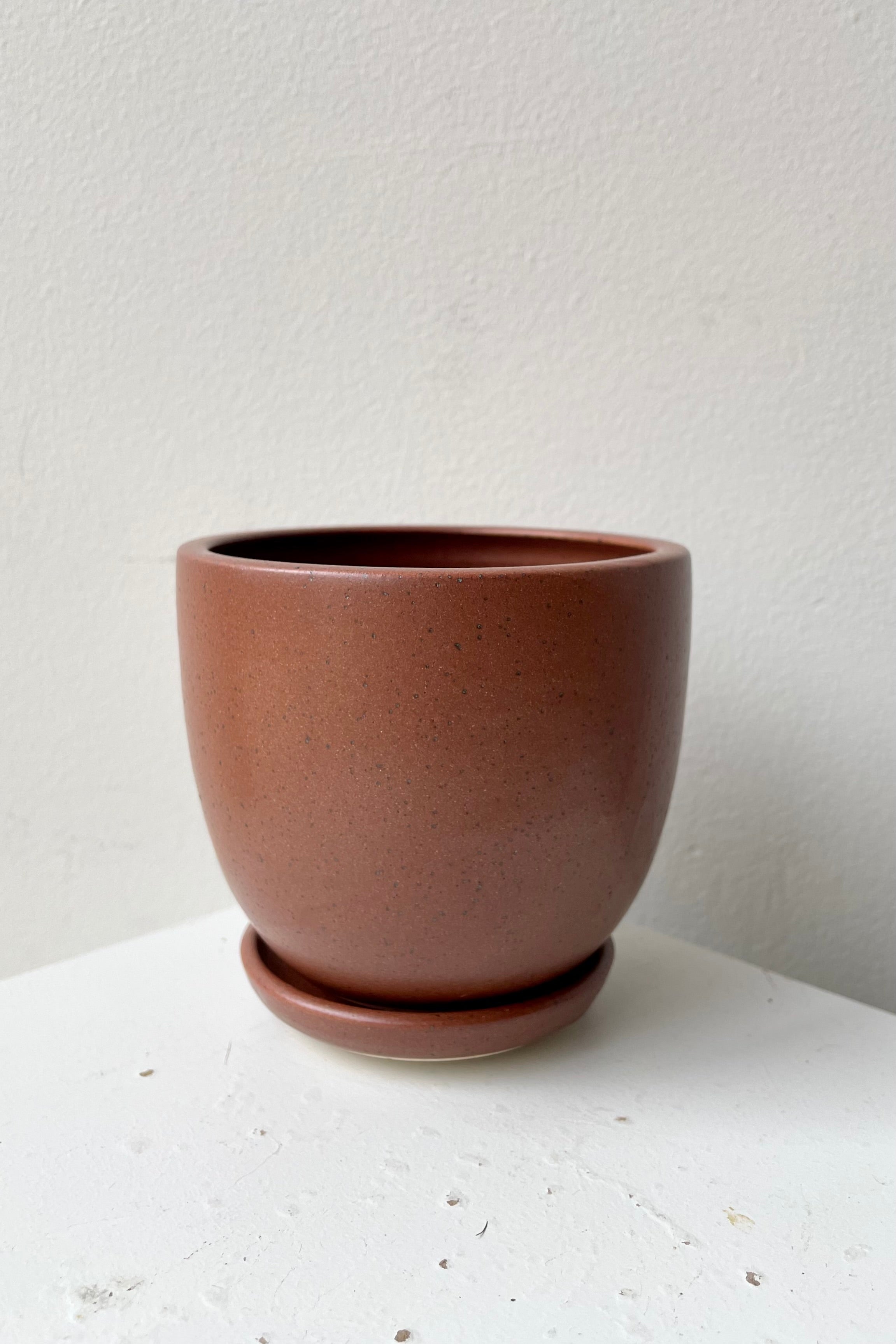 The Chocolate Speckle Tabletop Planter and Saucer against a white wall viewed from the side. 