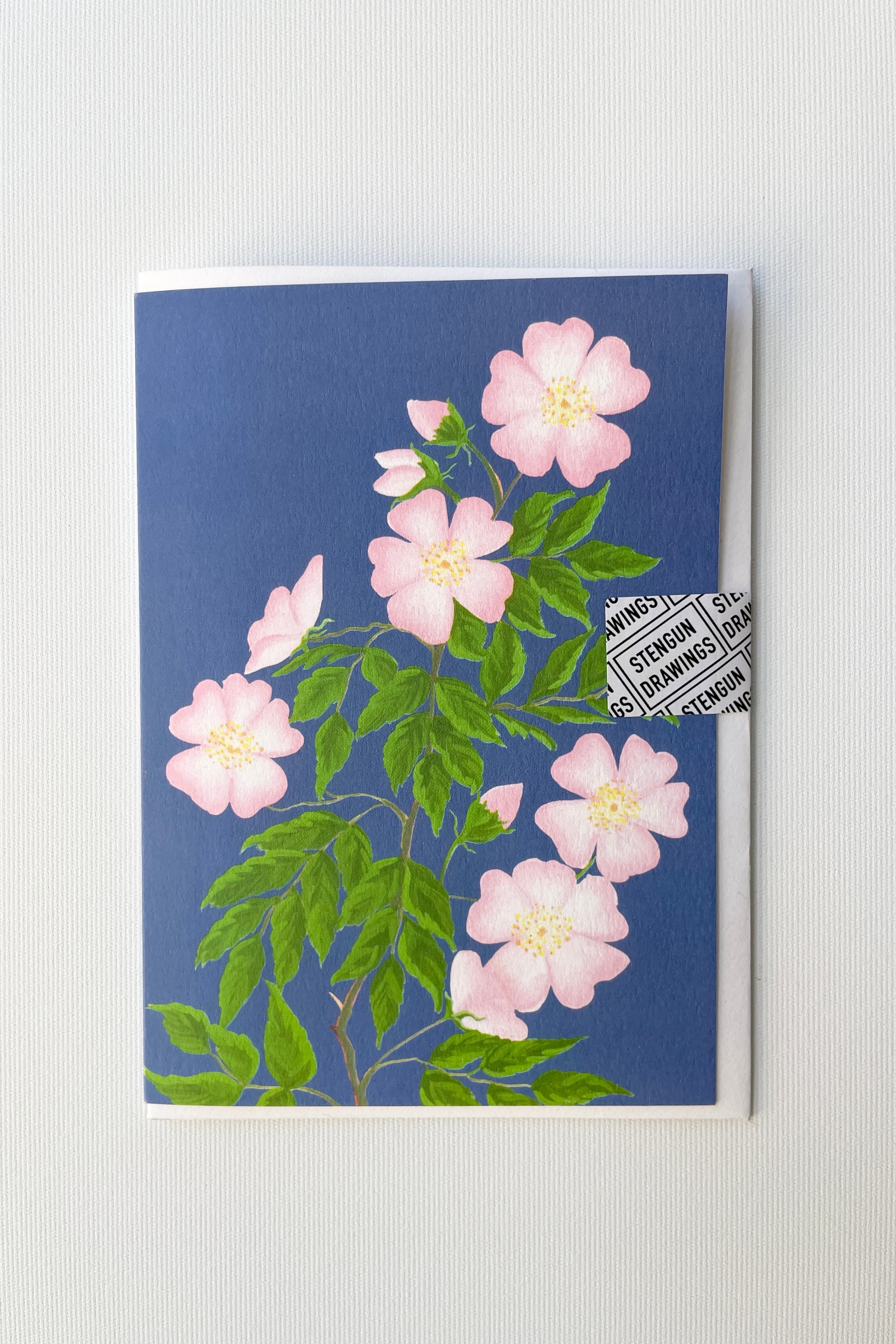 Dog Rose greeting card by Stengun drawings at Sprout-home showing the front of the card with the pink flowers. 