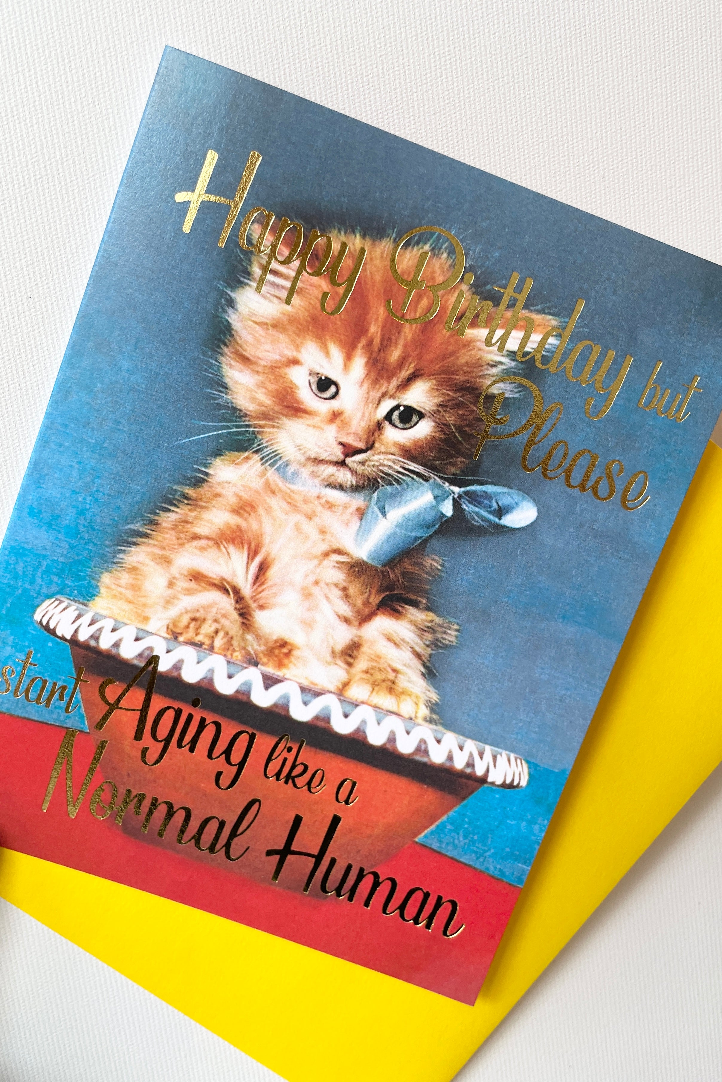 The Normal card by Smitten Kitten up close with a yellow envelope in the inside.