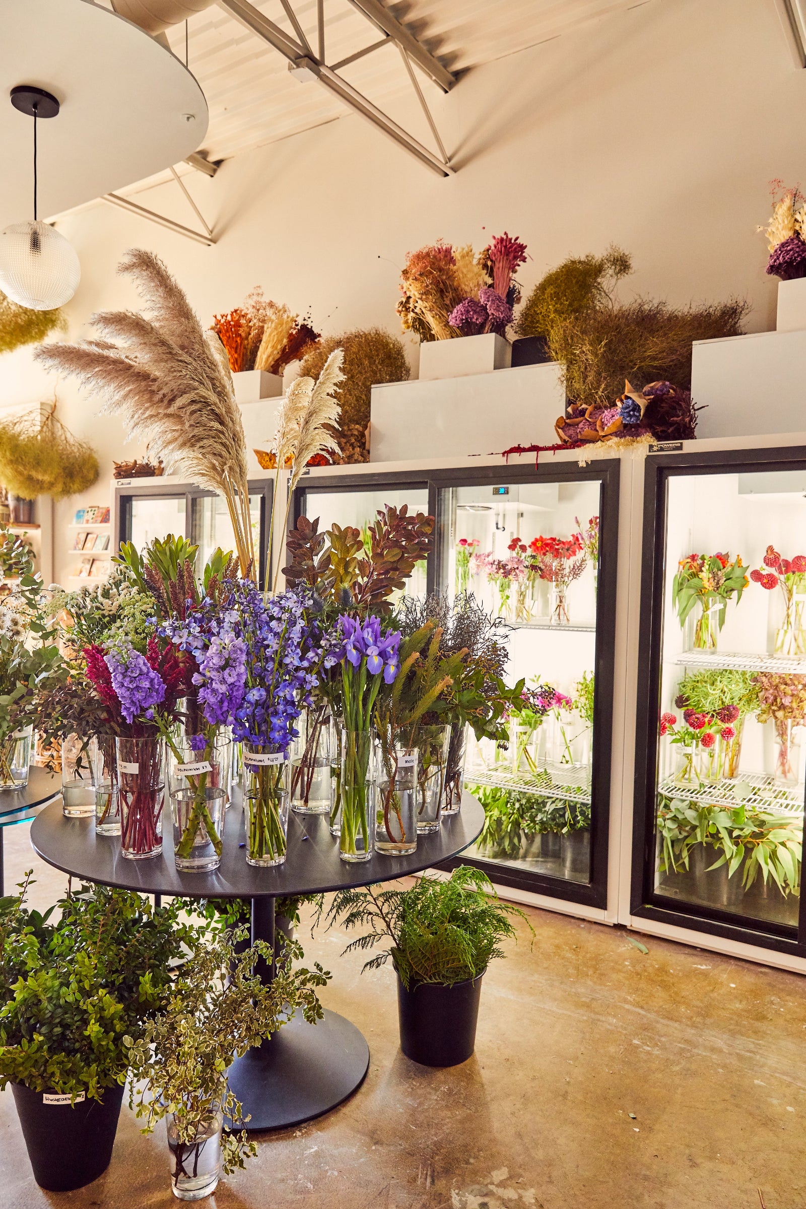 The floral coolers filled with cut flowers and a display table at Sprout-home