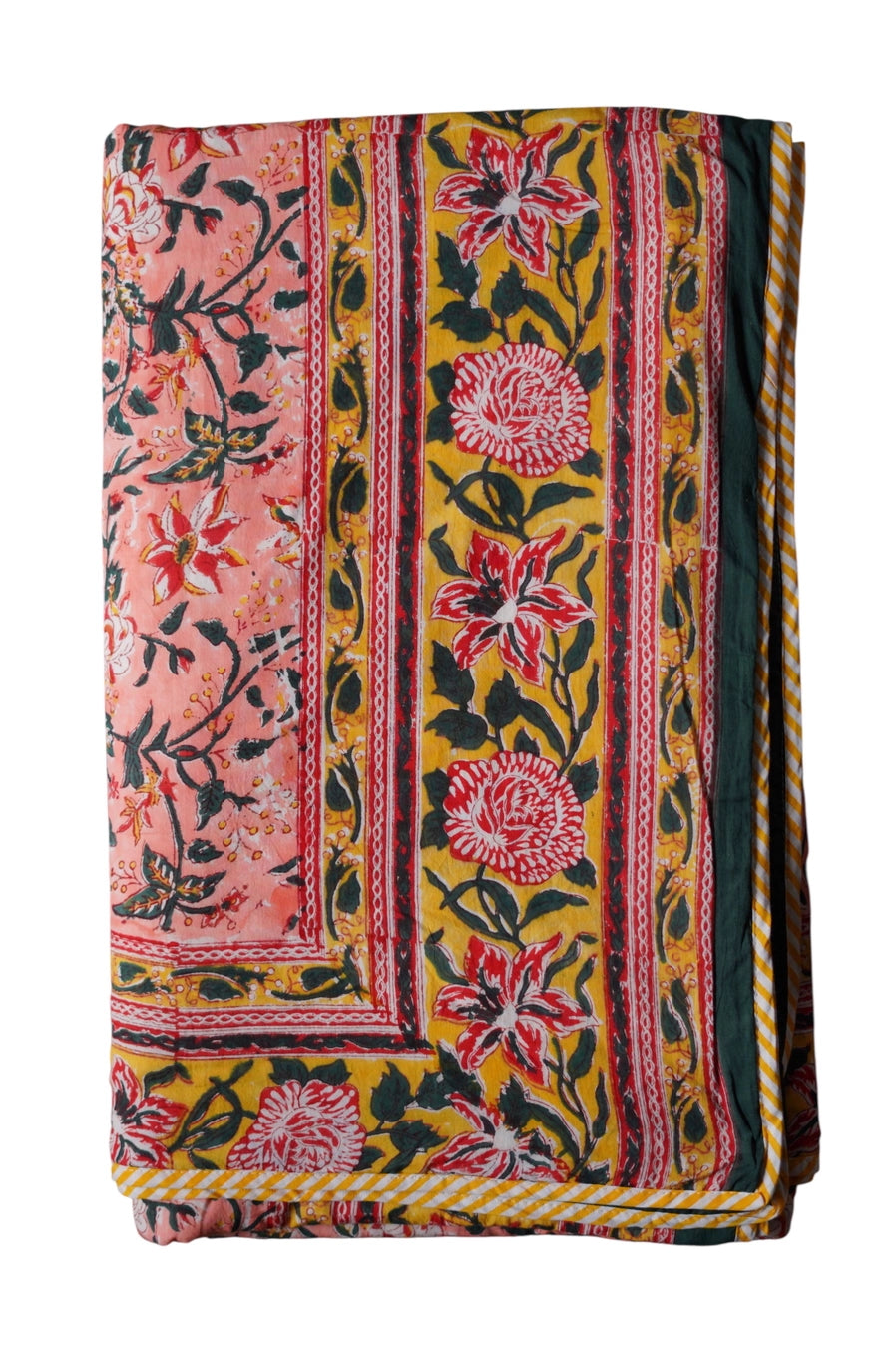 Colorful pink, yellow and green reversible blanket  fabric with floral patterns and green border ©Annahmol