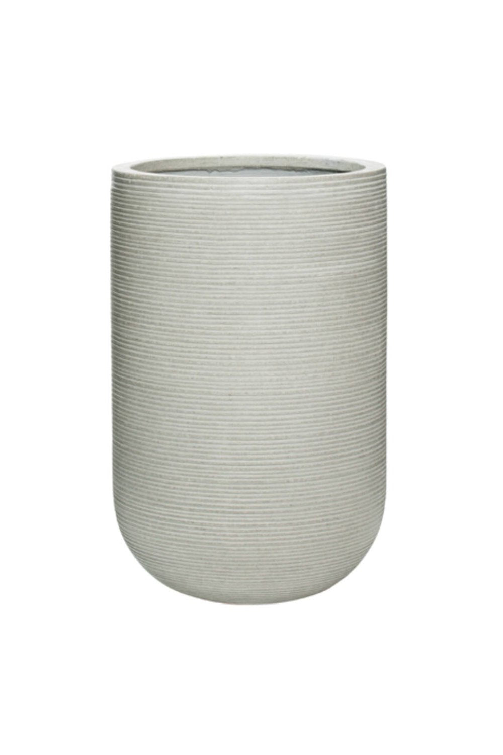 Pottery Pots Cody High Light Grey Pot with Horizontal Ridges against a white backdrop.