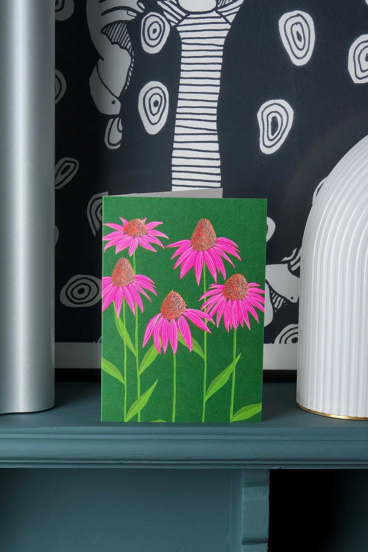 Echinacea Greeting Card sitting on a green shelf ©Stengun Drawings