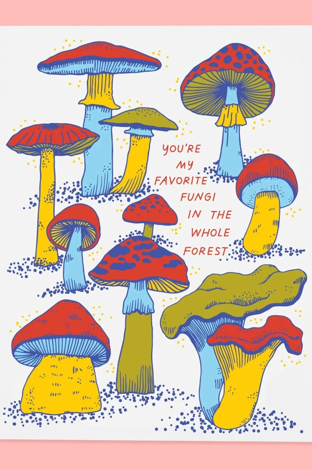 Favorite fungi card by The Good Twin showing the front of the card with illustrated mushrooms