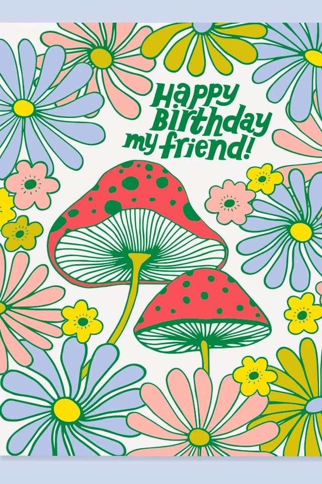 The Good Twin's Happy Birthday Mushroom card with the colorful mushrooms and flowers. 