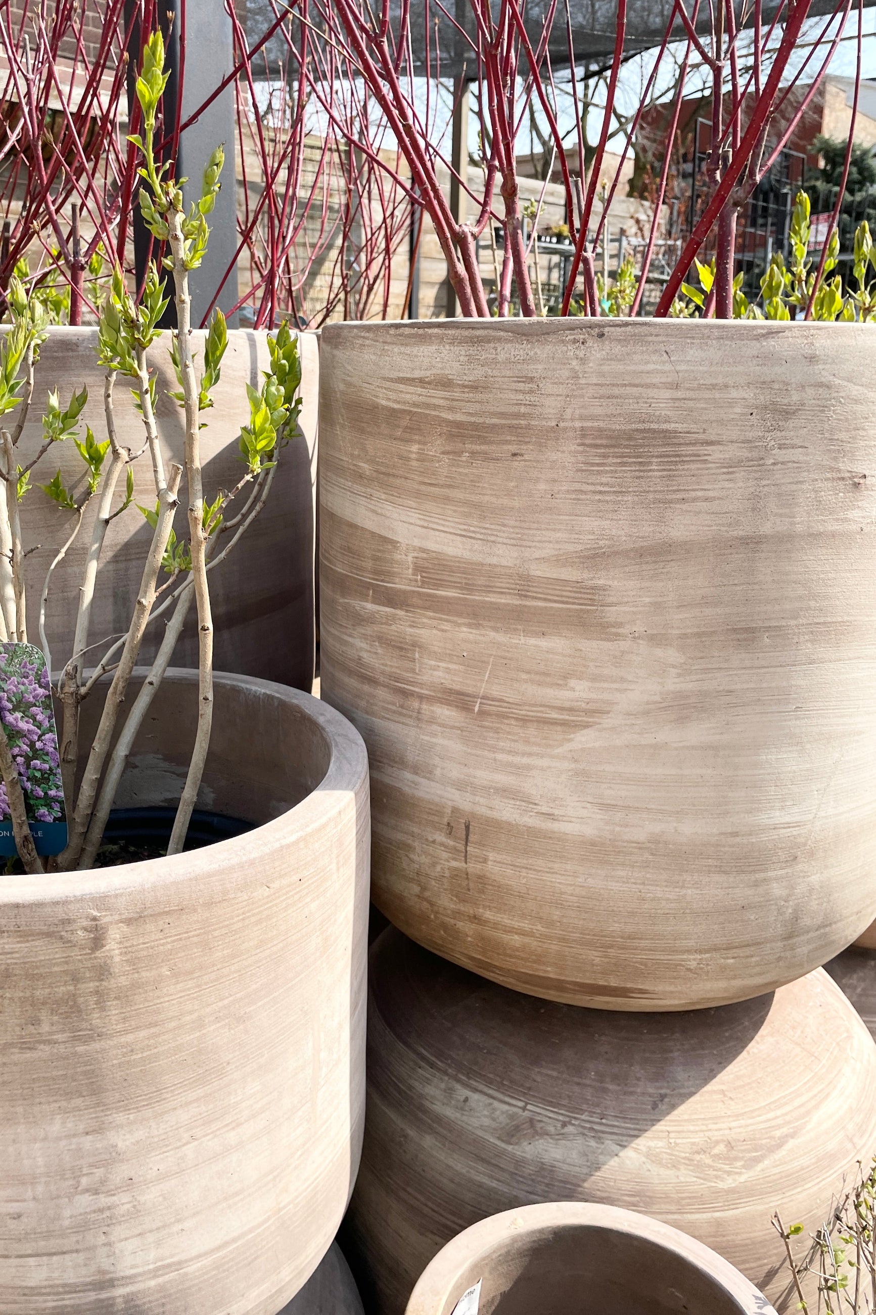 Various sized Dora Planters stacked on one another in the Sprout-home yard. 