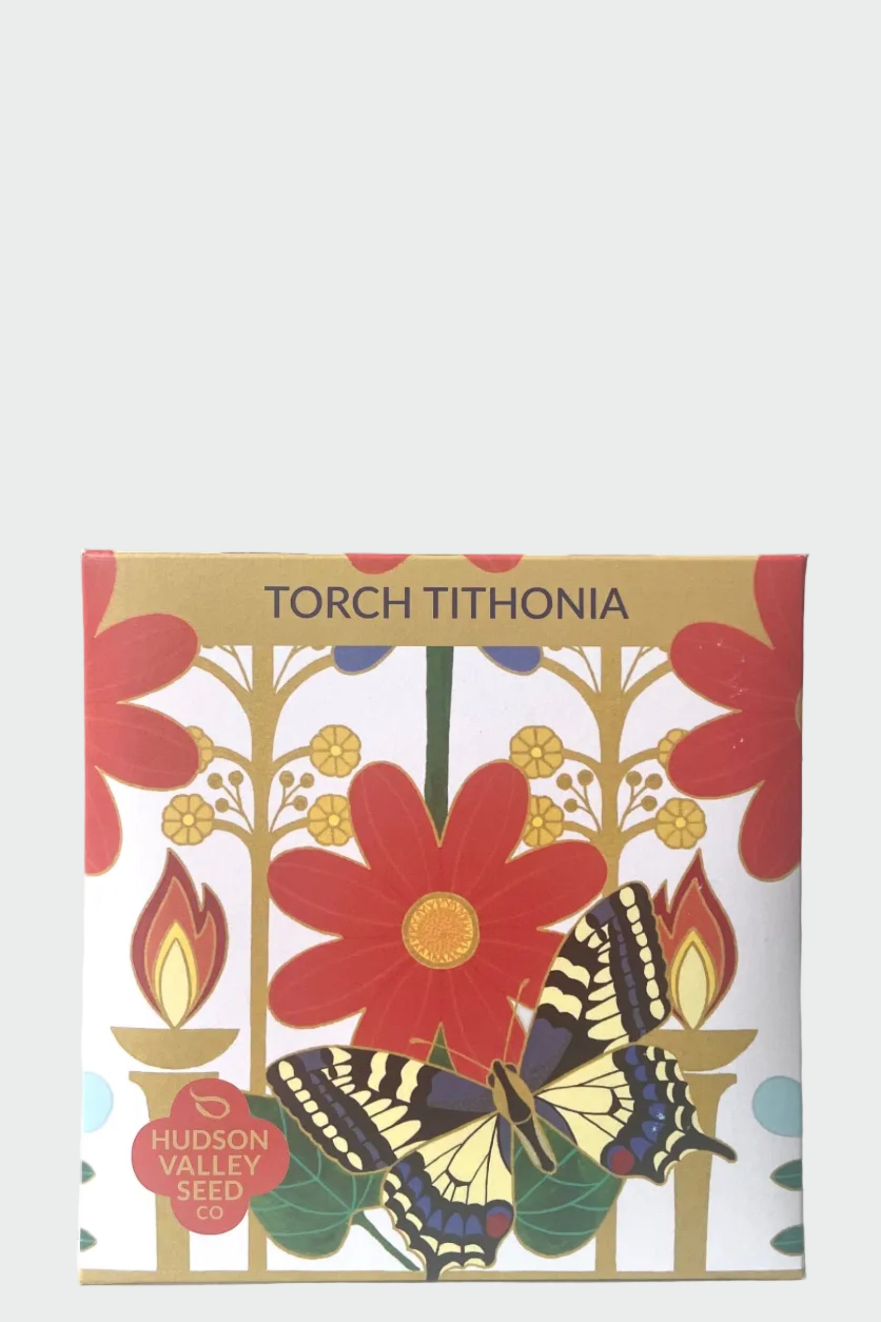 A frontal view of the Torch Tithonia Seeds Art Pack against a white backdrop